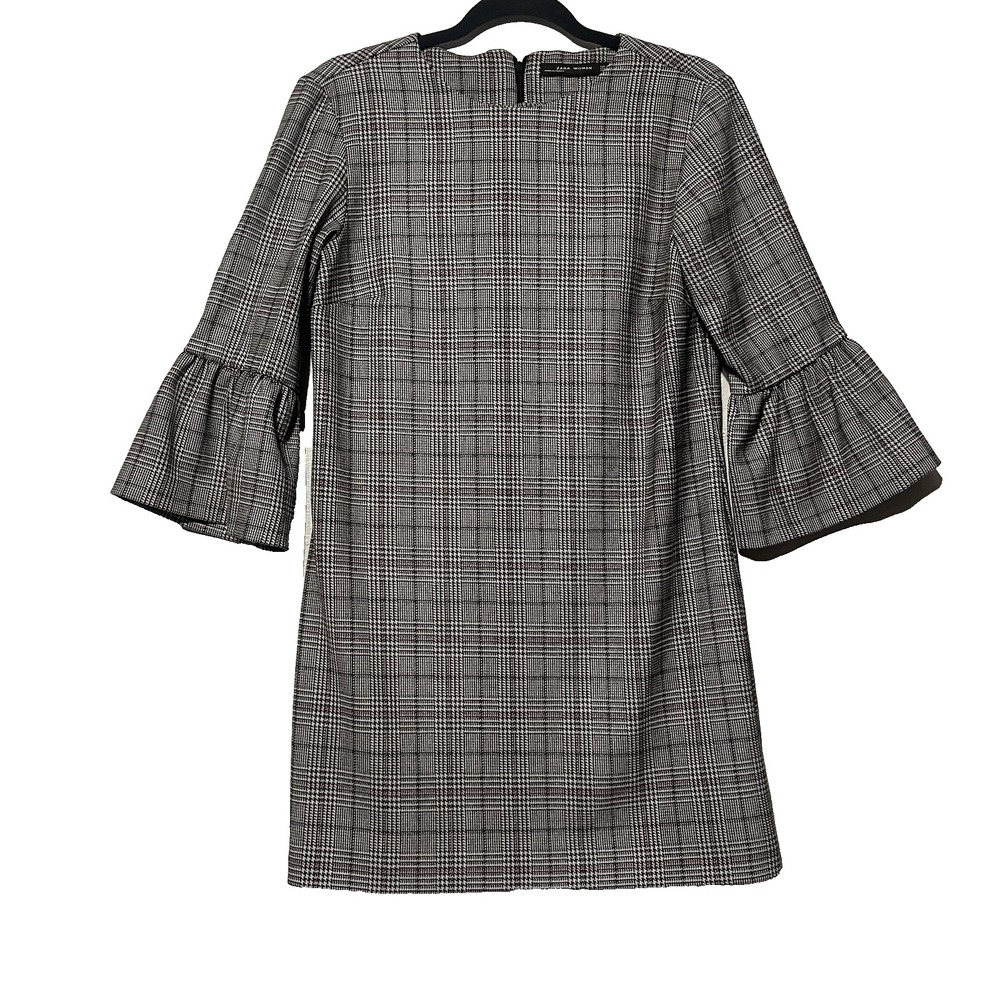 Zara Shift Dress Womens Small Black White‎ Plaid Ruffle Bell Sleeve Mini Size S